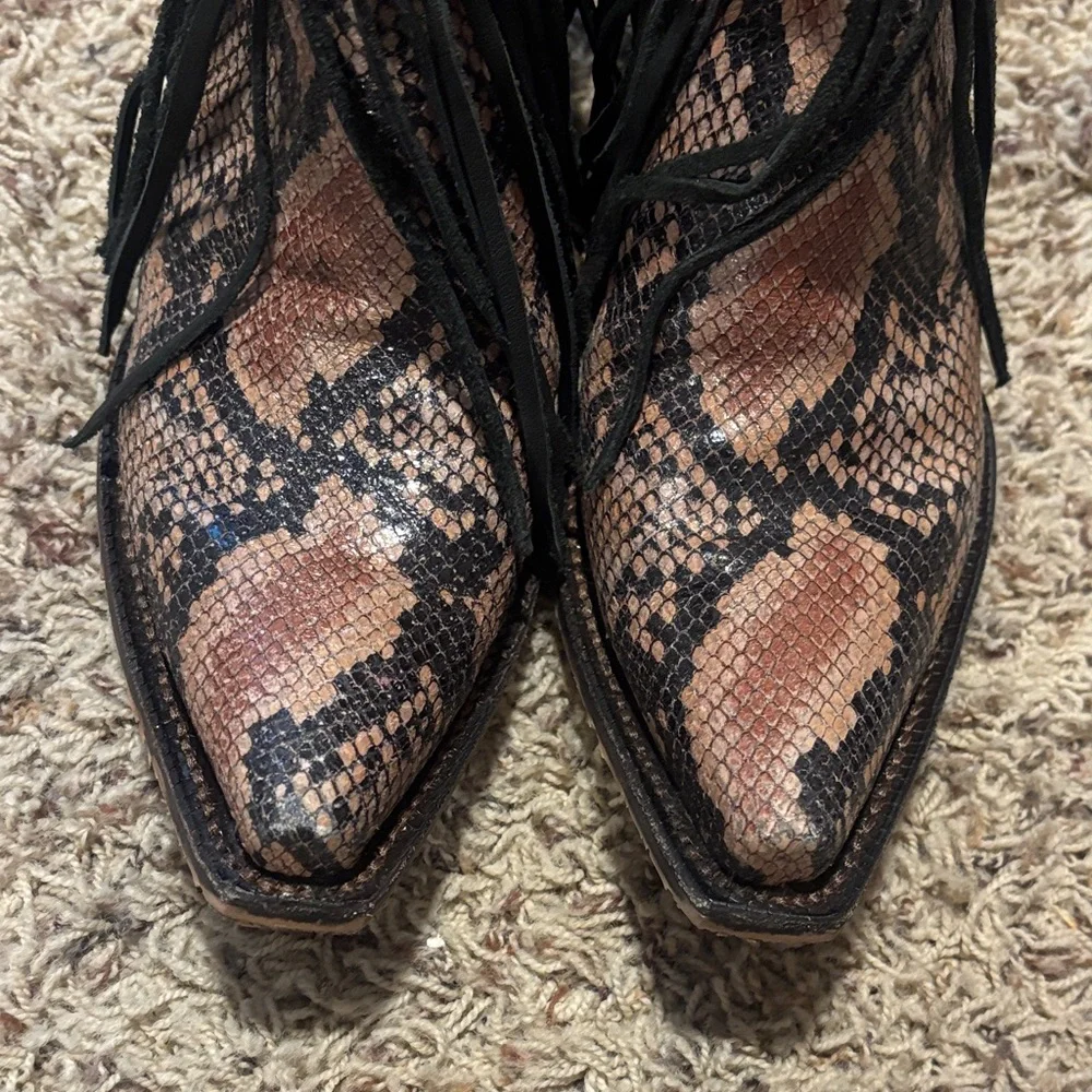 Tony Lama Fringe Snake-Print Ankle Boots - Brown - Picture 2 of 7